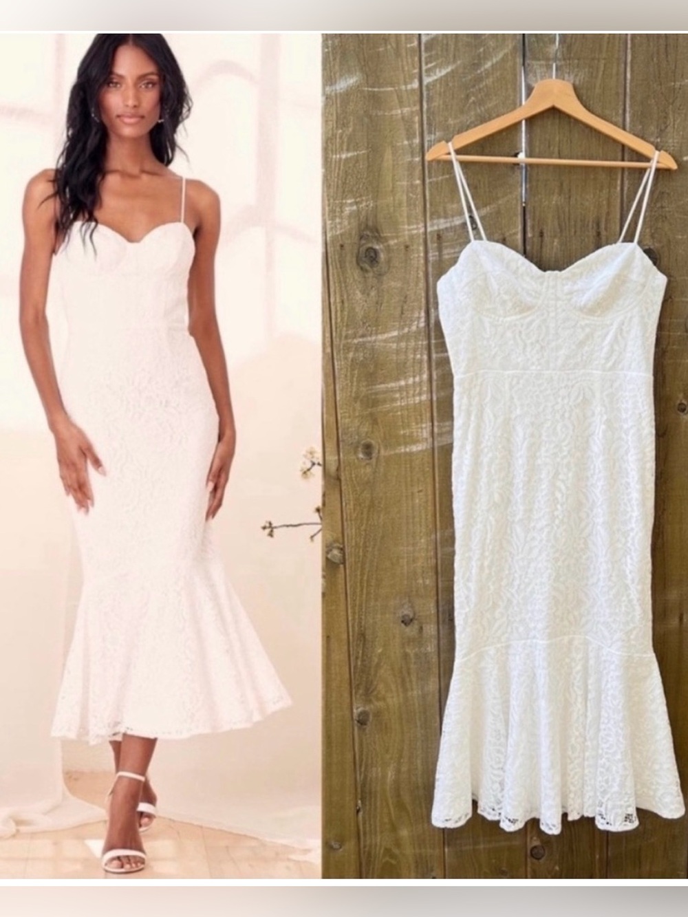 Lulu's White Lace Spaghetti-Strap Midi Dress with Flounce Hem